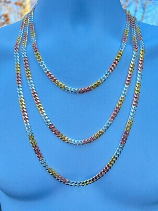 Hip Hop Miami Cuban Link Chain Necklace - TRICOLOR 14k Rose & Yellow Gold Vermeil 925 Sterling Silver - 16"-30" - 2mm-6mm