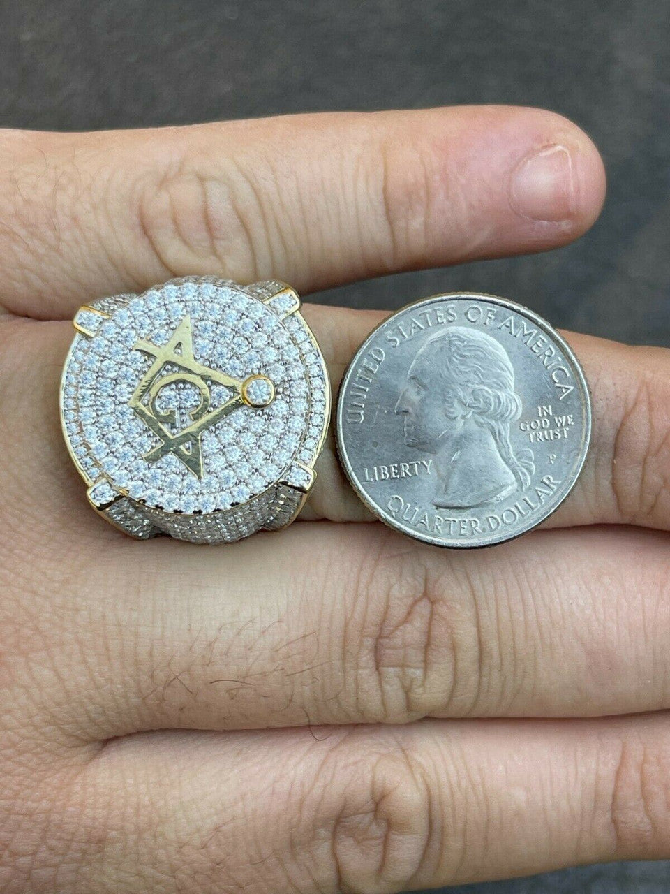 Hip Hop MOISSANITE 14k Gold Vermeil Masonic Ring Pass Diamond Test Pinky Hip Hop Mason
