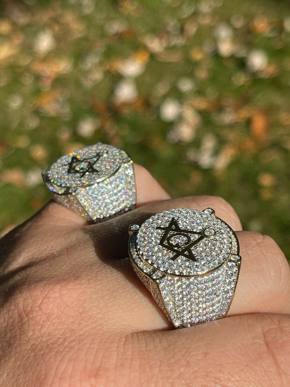 Hip Hop MOISSANITE 14k Gold Vermeil Masonic Ring Pass Diamond Test Pinky Hip Hop Mason