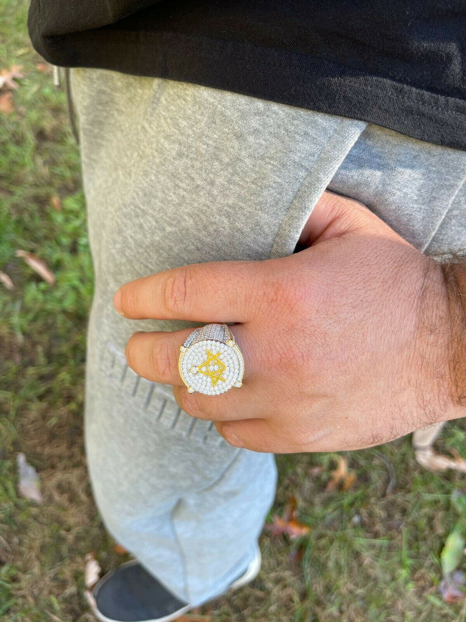 Hip Hop MOISSANITE 14k Gold Vermeil Masonic Ring Pass Diamond Test Pinky Hip Hop Mason