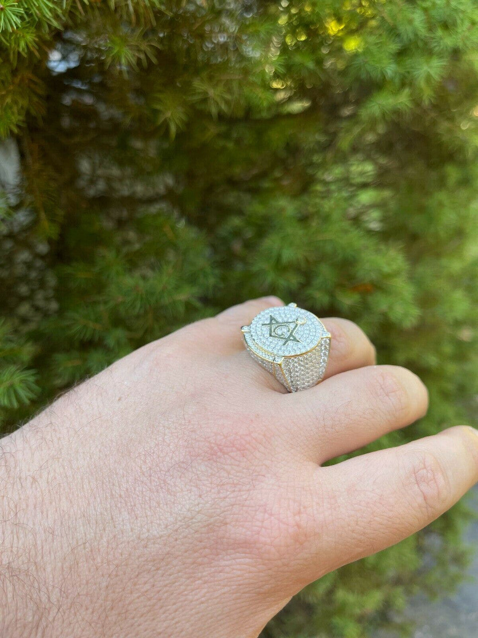 Hip Hop MOISSANITE 14k Gold Vermeil Masonic Ring Pass Diamond Test Pinky Hip Hop Mason