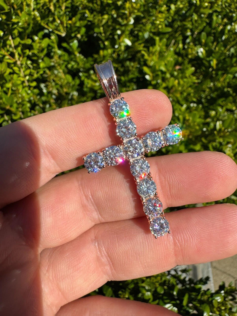 Hip Hop MOISSANITE 14k Rose Gold Cross & Real 925 Silver Iced Pendant Necklace Hip Hop