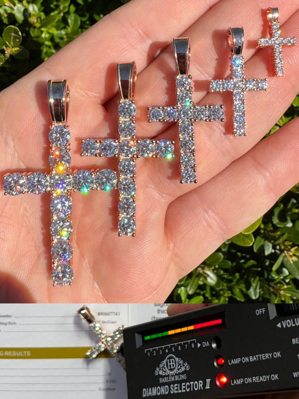 Hip Hop MOISSANITE 14k Rose Gold Cross & Real 925 Silver Iced Pendant Necklace Hip Hop