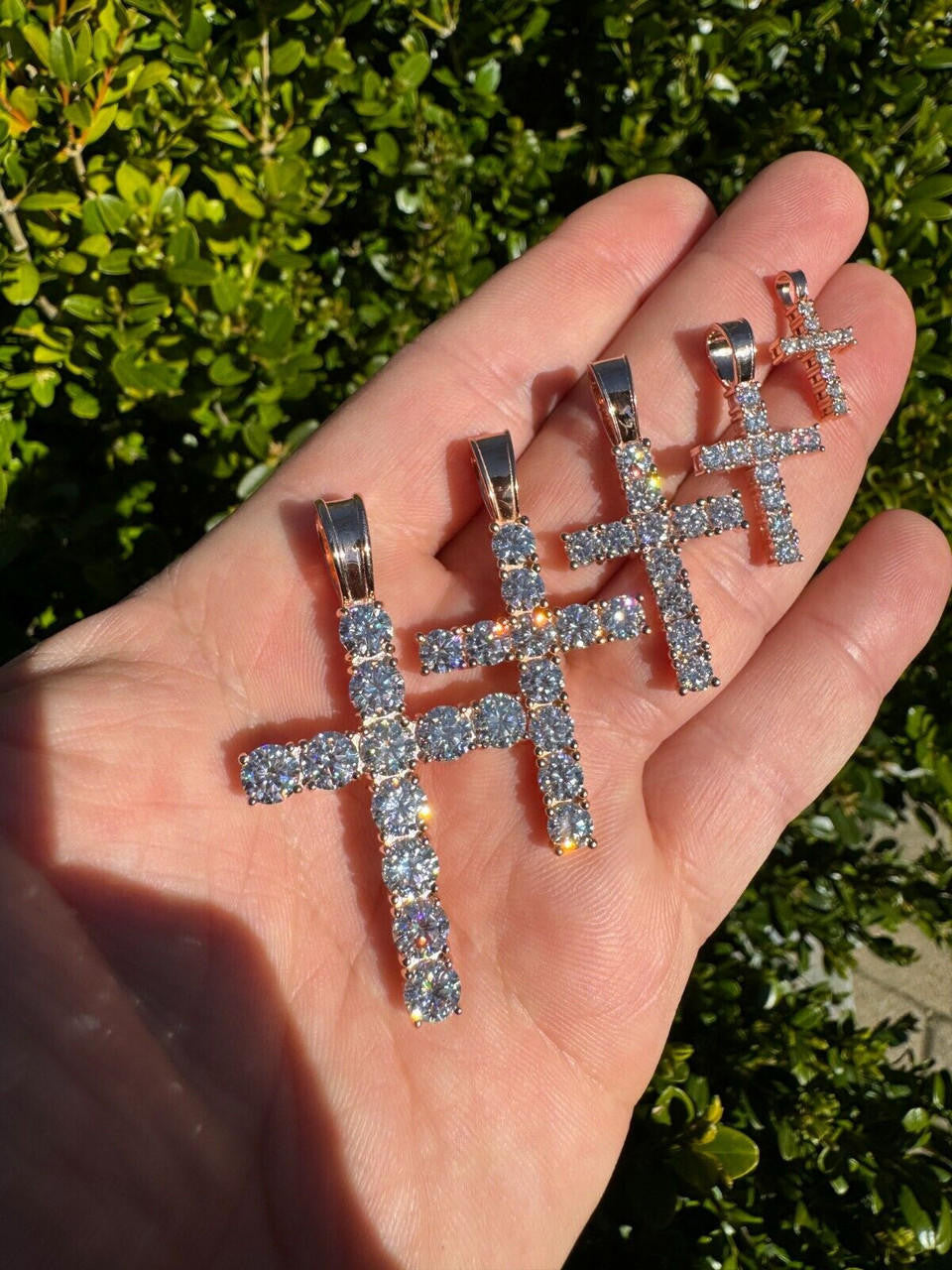 Hip Hop MOISSANITE 14k Rose Gold Cross & Real 925 Silver Iced Pendant Necklace Hip Hop