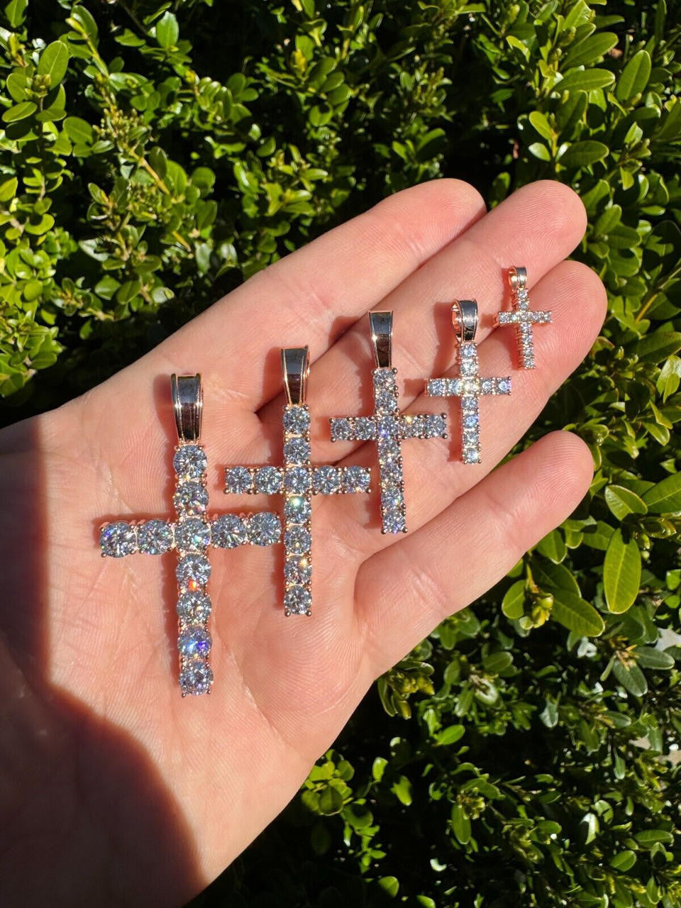 Hip Hop MOISSANITE 14k Rose Gold Cross & Real 925 Silver Iced Pendant Necklace Hip Hop