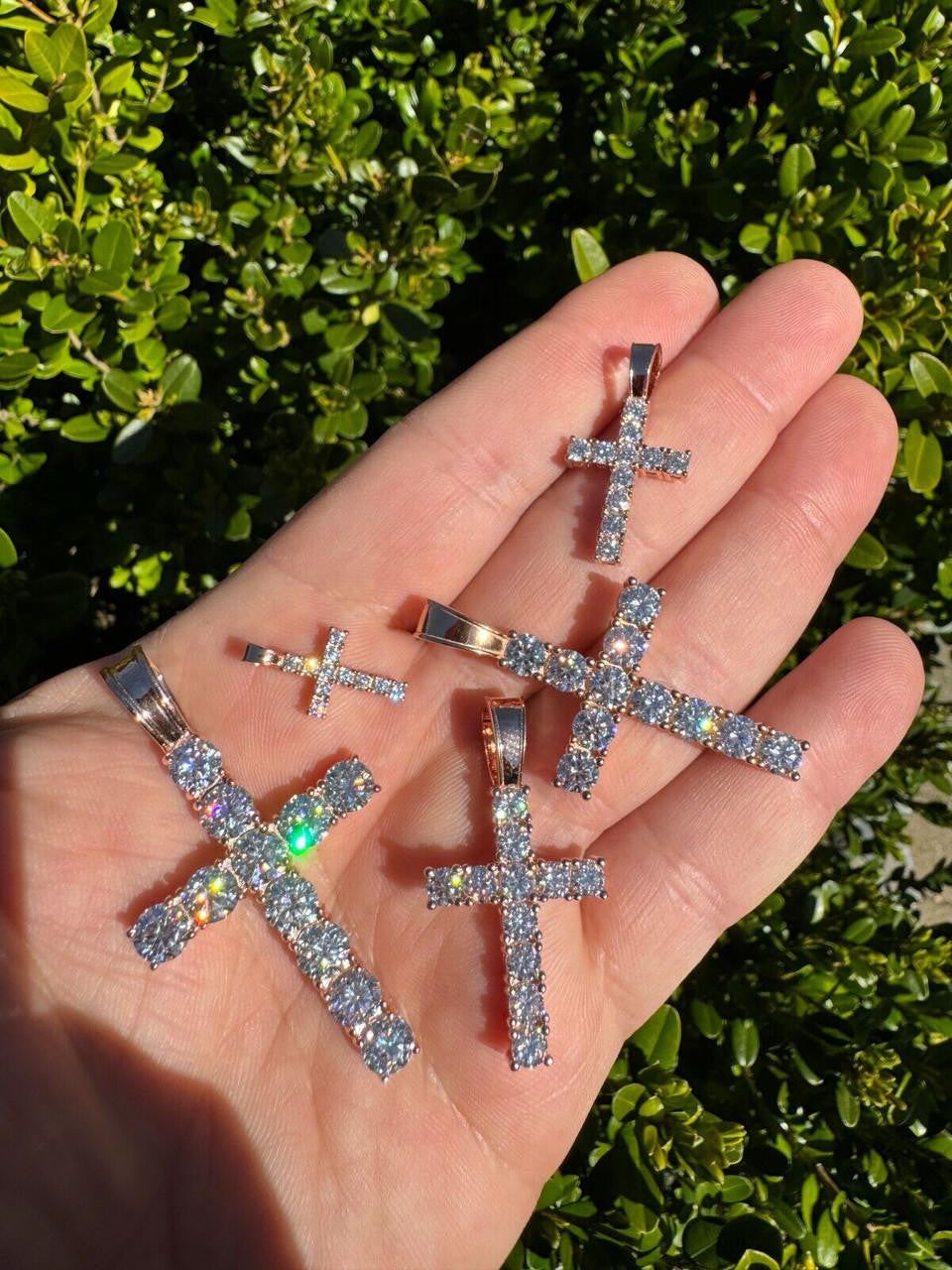 Hip Hop MOISSANITE 14k Rose Gold Cross & Real 925 Silver Iced Pendant Necklace Hip Hop