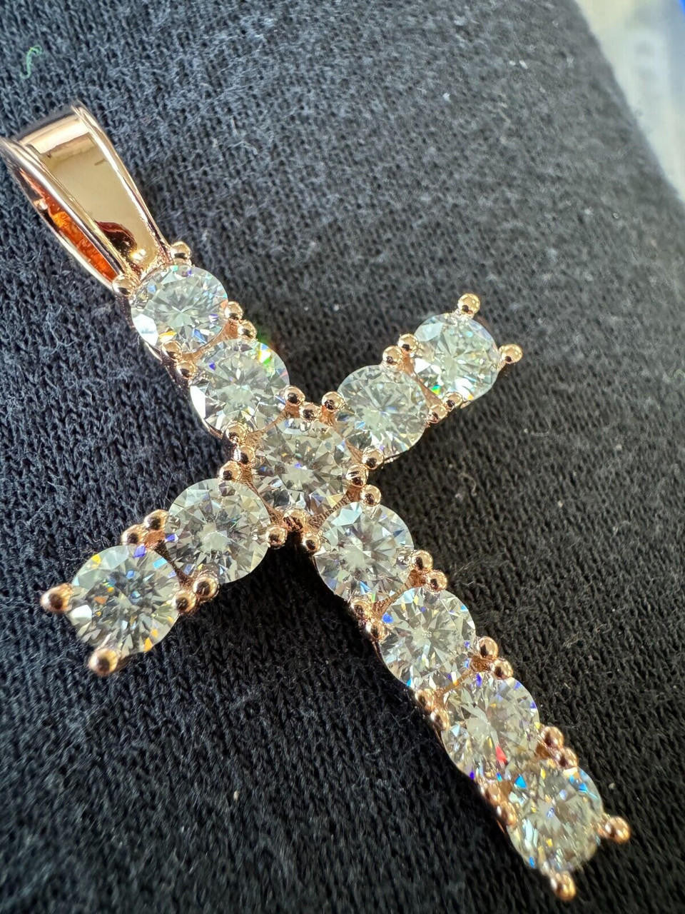 Hip Hop MOISSANITE 14k Rose Gold Cross & Real 925 Silver Iced Pendant Necklace Hip Hop