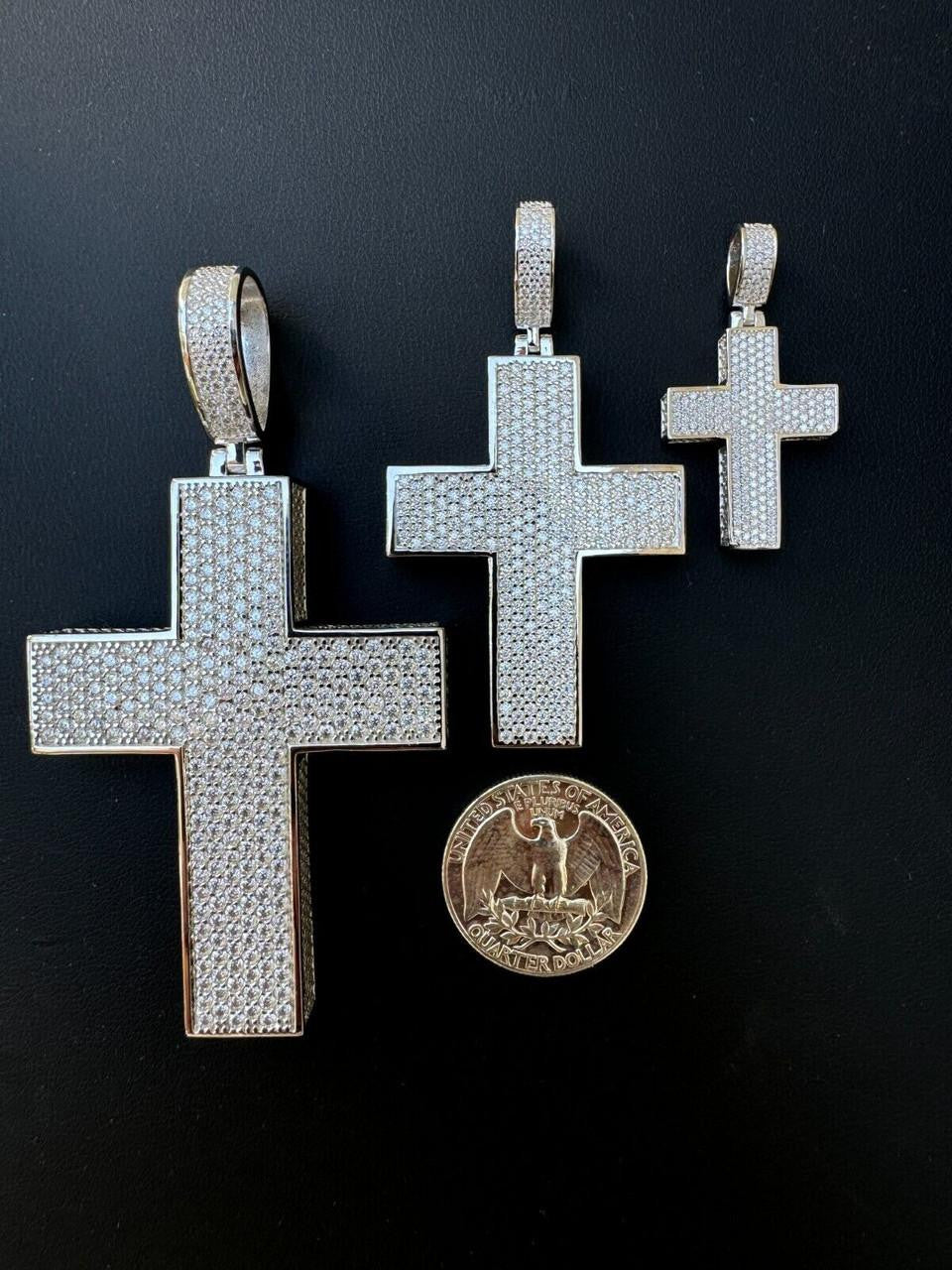 Hip Hop MOISSANITE 3D Iced From All Sides Cross Pendant - 925 Silver - 3 Sizes 1.25"-3.5"