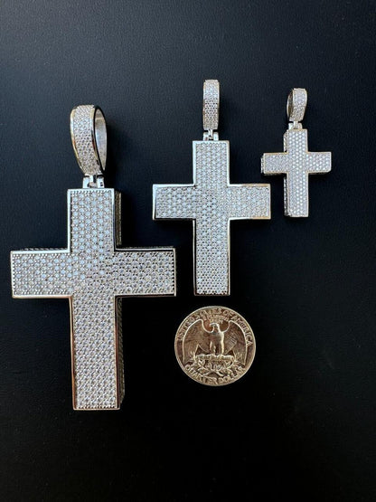 Hip Hop MOISSANITE 3D Iced From All Sides Cross Pendant - 925 Silver - 3 Sizes 1.25"-3.5"