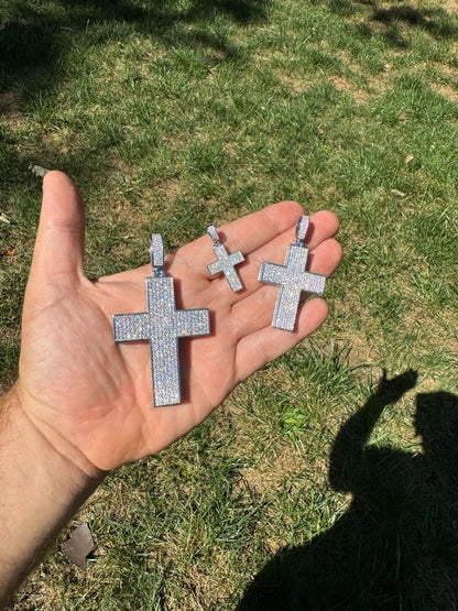 Hip Hop MOISSANITE 3D Iced From All Sides Cross Pendant - 925 Silver - 3 Sizes 1.25"-3.5"