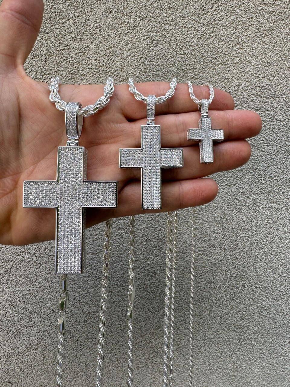 Hip Hop MOISSANITE 3D Iced From All Sides Cross Pendant - 925 Silver - 3 Sizes 1.25"-3.5"