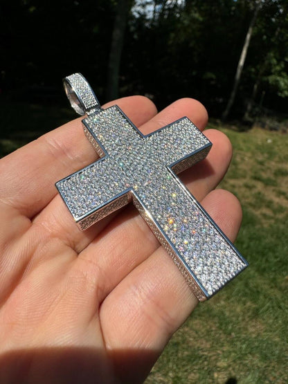 Hip Hop MOISSANITE 3D Iced From All Sides Cross Pendant - 925 Silver - 3 Sizes 1.25"-3.5"