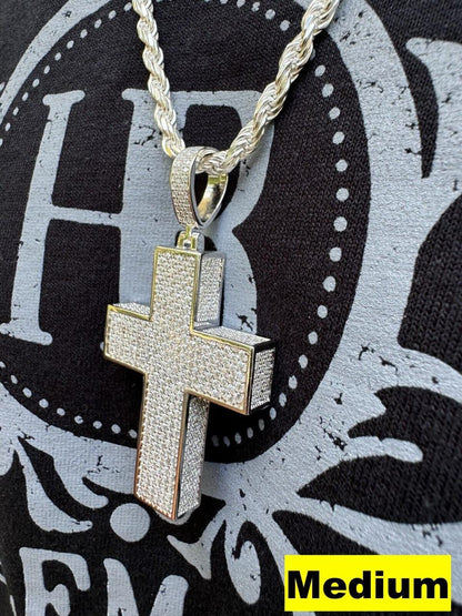 Hip Hop MOISSANITE 3D Iced From All Sides Cross Pendant - 925 Silver - 3 Sizes 1.25"-3.5"