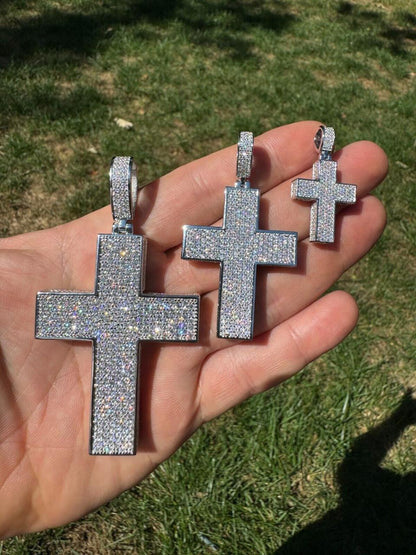 Hip Hop MOISSANITE 3D Iced From All Sides Cross Pendant - 925 Silver - 3 Sizes 1.25"-3.5"