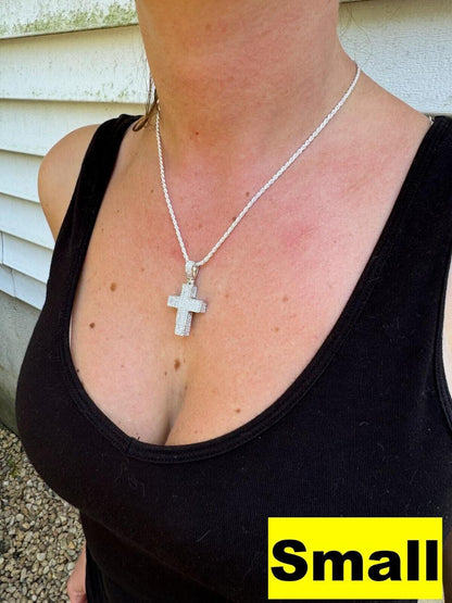 Hip Hop MOISSANITE 3D Iced From All Sides Cross Pendant - 925 Silver - 3 Sizes 1.25"-3.5"