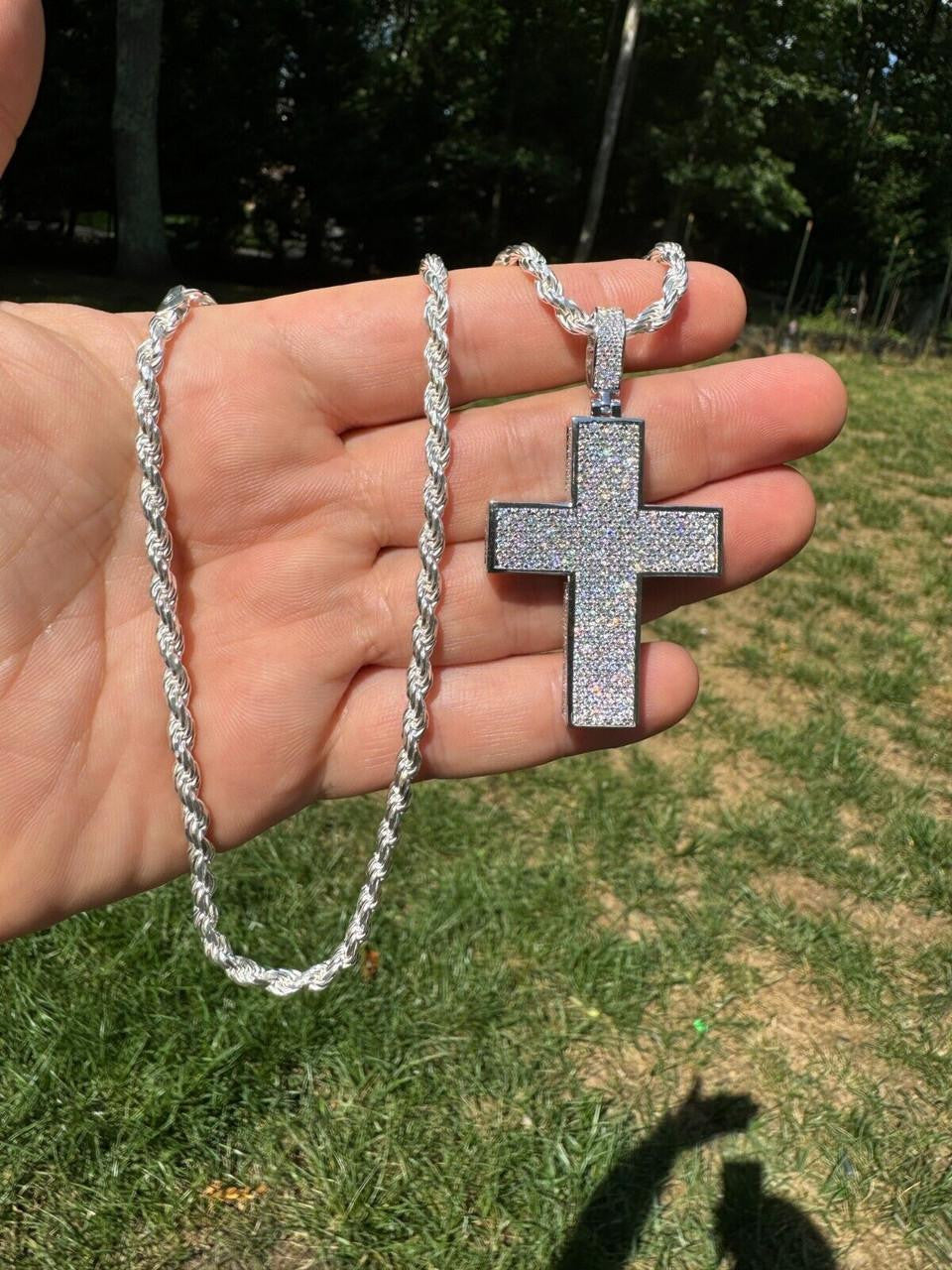 Hip Hop MOISSANITE 3D Iced From All Sides Cross Pendant - 925 Silver - 3 Sizes 1.25"-3.5"