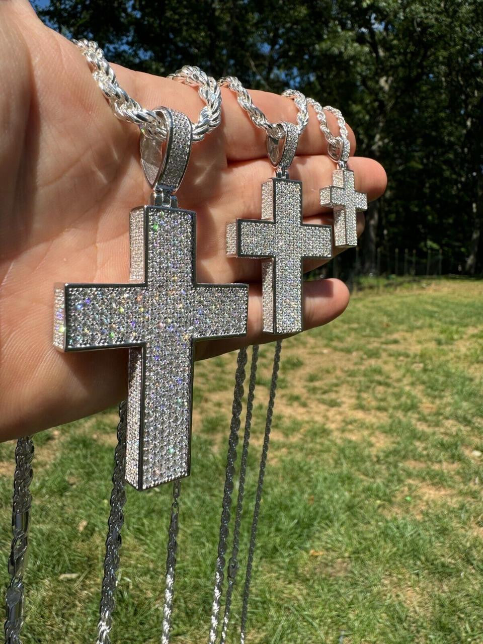 Hip Hop MOISSANITE 3D Iced From All Sides Cross Pendant - 925 Silver - 3 Sizes 1.25"-3.5"