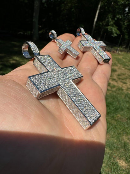 Hip Hop MOISSANITE 3D Iced From All Sides Cross Pendant - 925 Silver - 3 Sizes 1.25"-3.5"