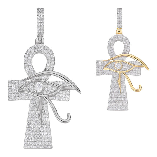 Hip Hop MOISSANITE Ankh Cross W. Eye Of Horus Pendant - 14k Gold Vermeil Or 925 Silver - Large 2.5"