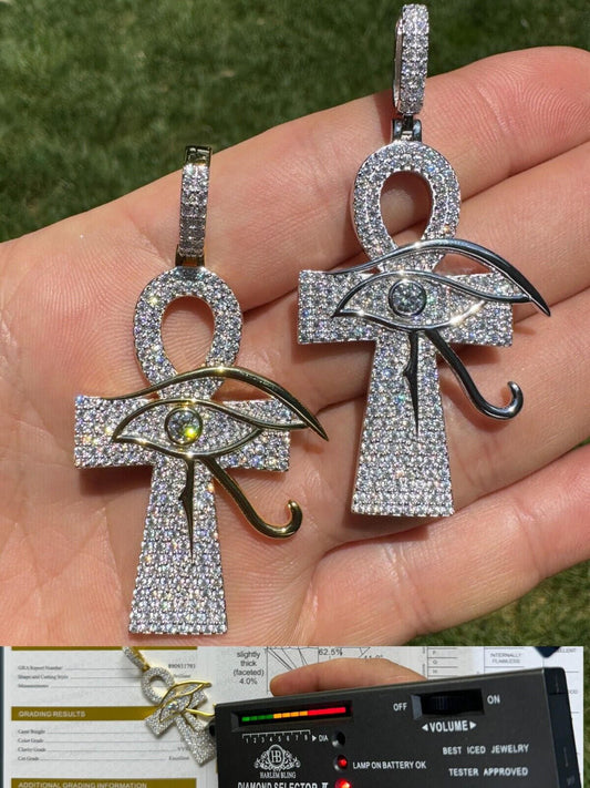 Hip Hop Moissanite Ankh Cross W. Eye Of Horus Pendant - Iced 925 Silver 2" Mens Necklace
