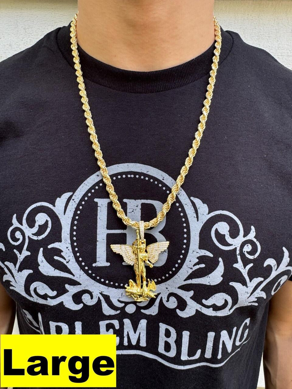 Hip Hop MOISSANITE Artwork Saint St Michael Slaying Dragon Archangel Pendant - 14k Gold Vermeil 925 Silver - 3 Sizes 1"-3"