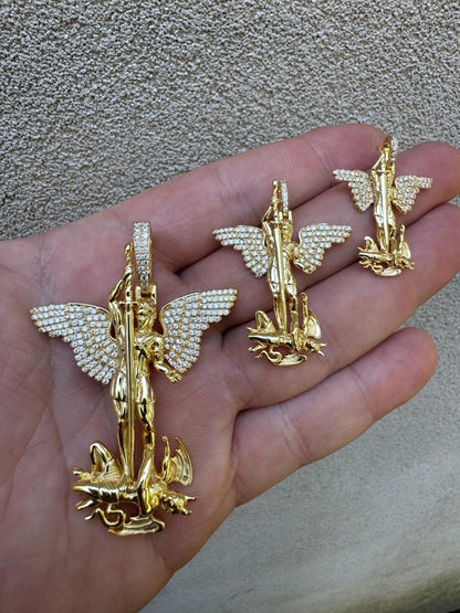 Hip Hop MOISSANITE Artwork Saint St Michael Slaying Dragon Archangel Pendant - 14k Gold Vermeil 925 Silver - 3 Sizes 1"-3"