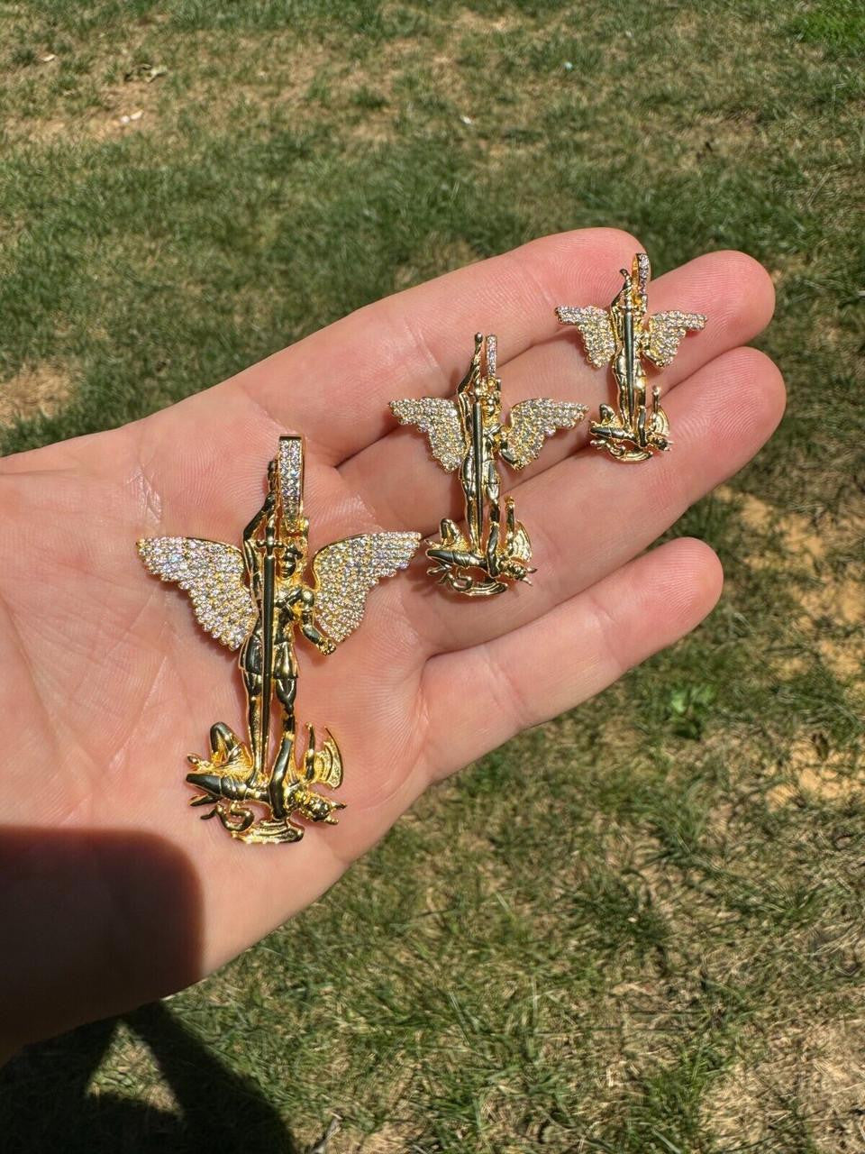 Hip Hop MOISSANITE Artwork Saint St Michael Slaying Dragon Archangel Pendant - 14k Gold Vermeil 925 Silver - 3 Sizes 1"-3"