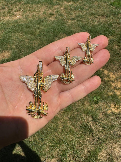 Hip Hop MOISSANITE Artwork Saint St Michael Slaying Dragon Archangel Pendant - 14k Gold Vermeil 925 Silver - 3 Sizes 1"-3"