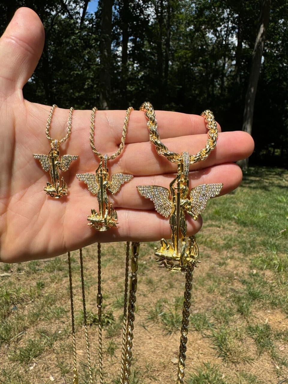 Hip Hop MOISSANITE Artwork Saint St Michael Slaying Dragon Archangel Pendant - 14k Gold Vermeil 925 Silver - 3 Sizes 1"-3"