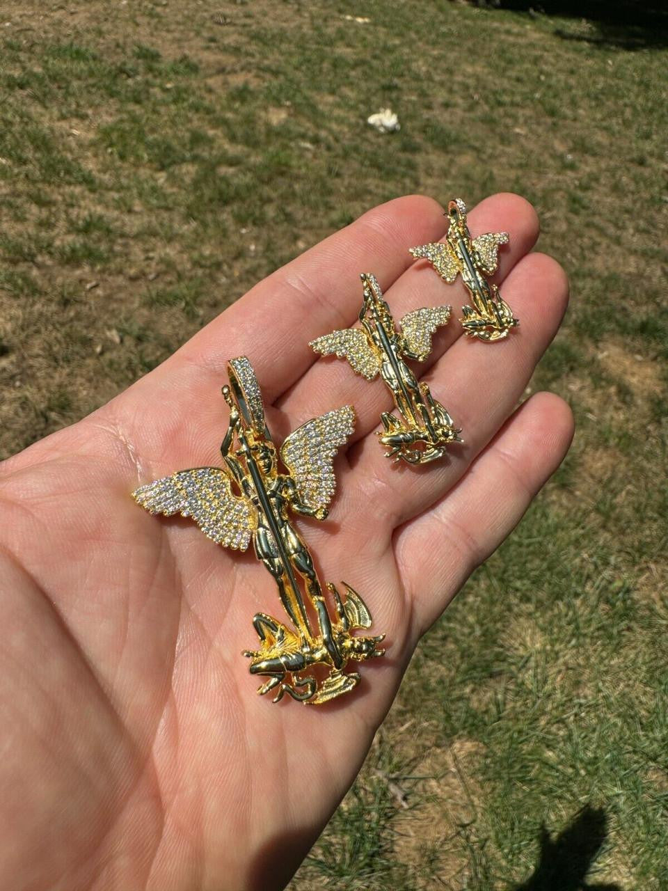 Hip Hop MOISSANITE Artwork Saint St Michael Slaying Dragon Archangel Pendant - 14k Gold Vermeil 925 Silver - 3 Sizes 1"-3"