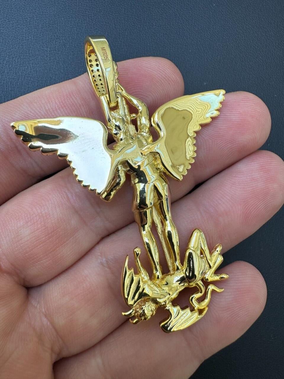 Hip Hop MOISSANITE Artwork Saint St Michael Slaying Dragon Archangel Pendant - 14k Gold Vermeil 925 Silver - 3 Sizes 1"-3"