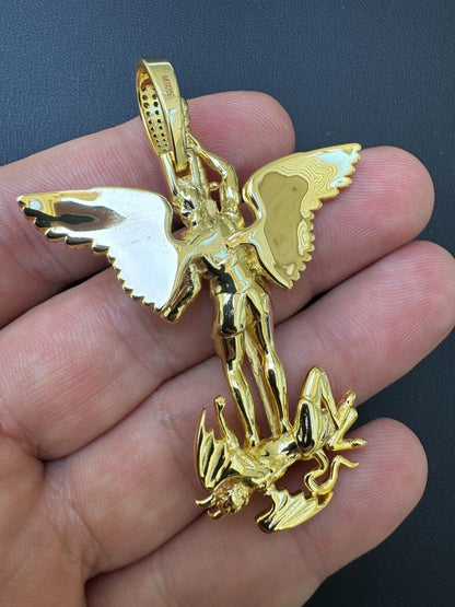 Hip Hop MOISSANITE Artwork Saint St Michael Slaying Dragon Archangel Pendant - 14k Gold Vermeil 925 Silver - 3 Sizes 1"-3"
