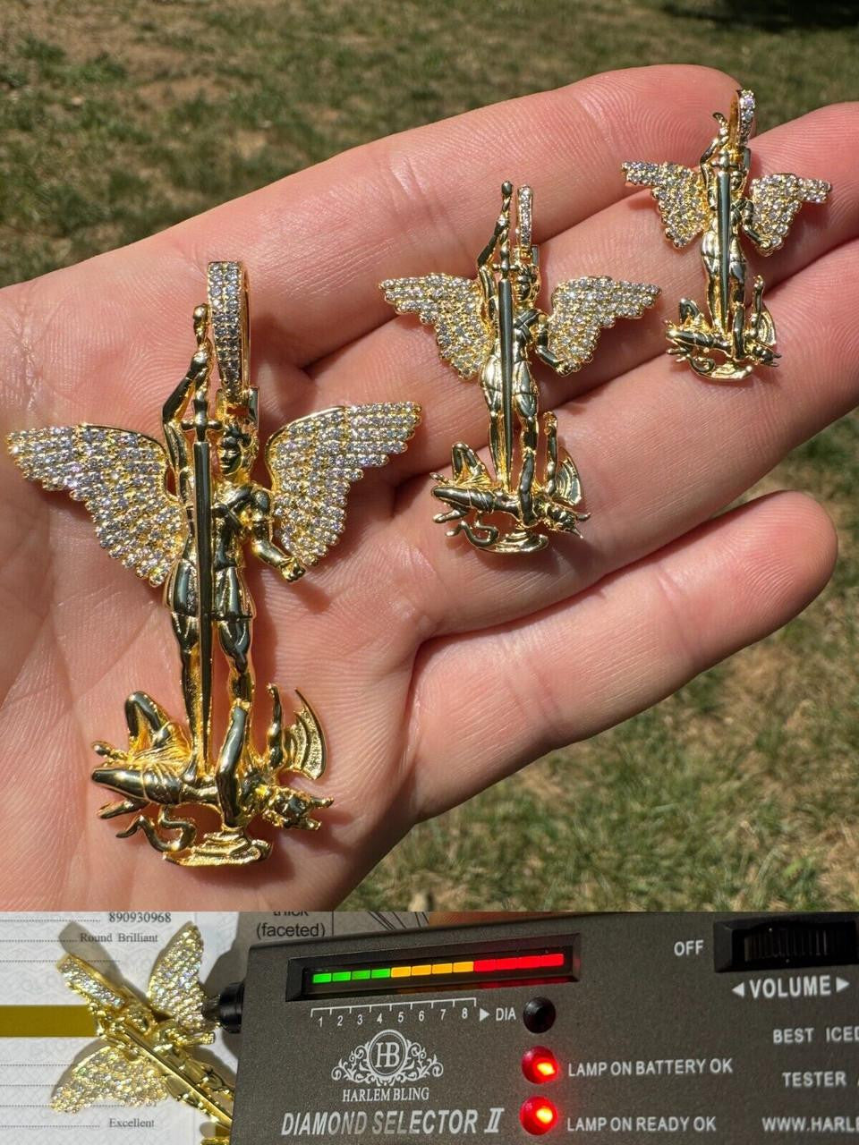 Hip Hop MOISSANITE Artwork Saint St Michael Slaying Dragon Archangel Pendant - 14k Gold Vermeil 925 Silver - 3 Sizes 1"-3"