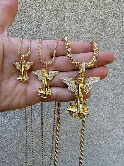 Hip Hop MOISSANITE Artwork Saint St Michael Slaying Dragon Archangel Pendant - 14k Gold Vermeil 925 Silver - 3 Sizes 1"-3"