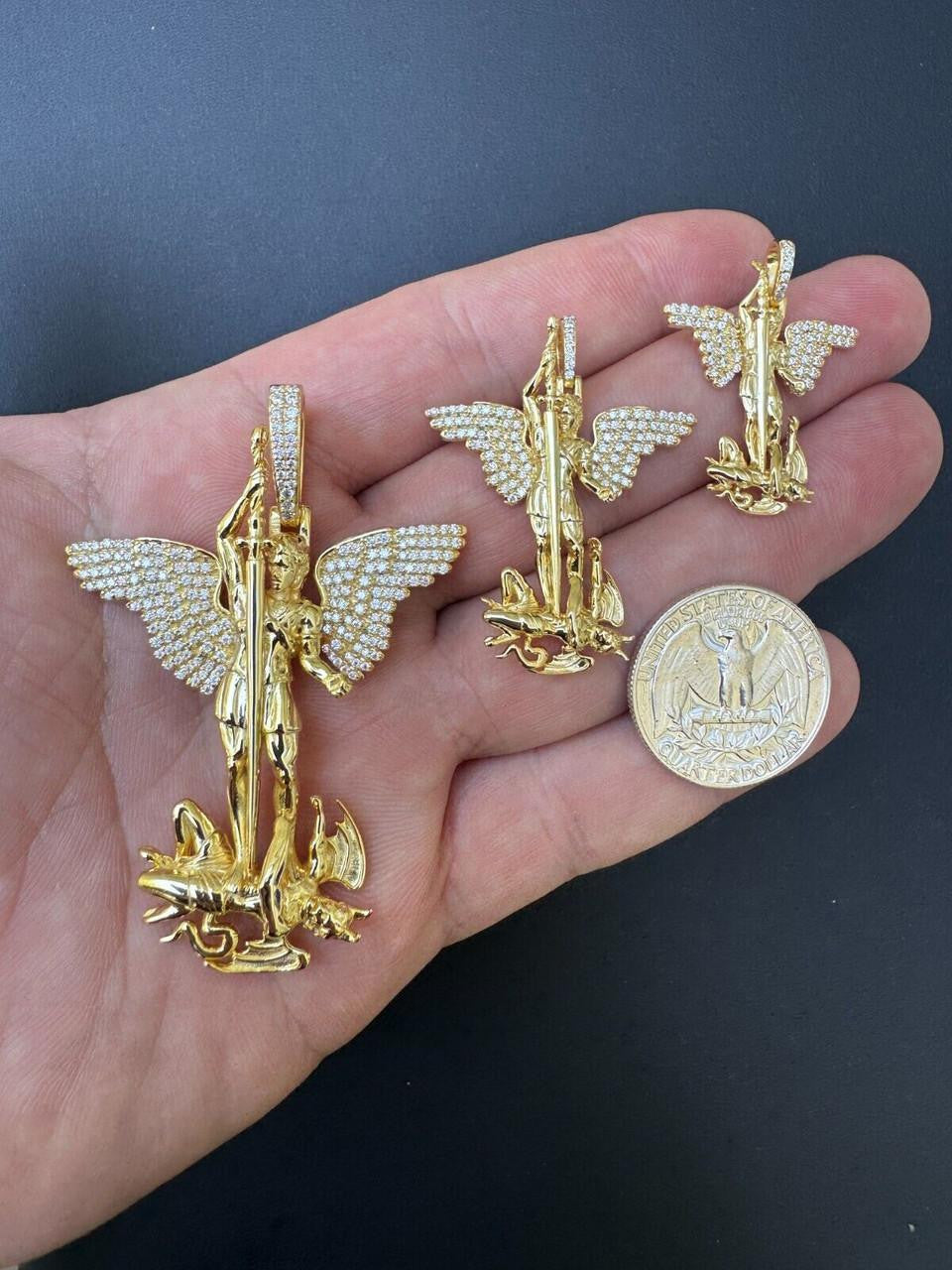 Hip Hop MOISSANITE Artwork Saint St Michael Slaying Dragon Archangel Pendant - 14k Gold Vermeil 925 Silver - 3 Sizes 1"-3"