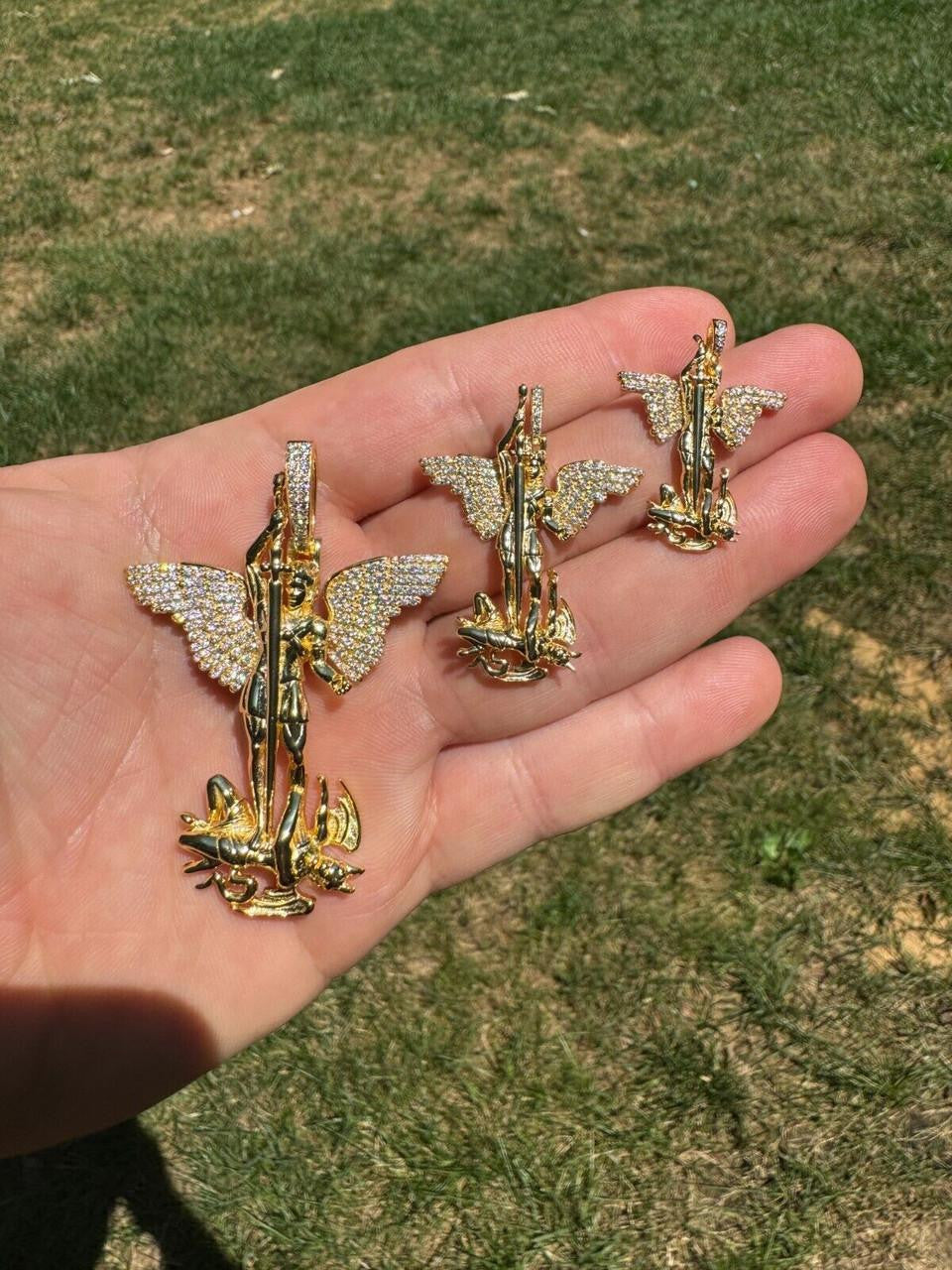 Hip Hop MOISSANITE Artwork Saint St Michael Slaying Dragon Archangel Pendant - 14k Gold Vermeil 925 Silver - 3 Sizes 1"-3"