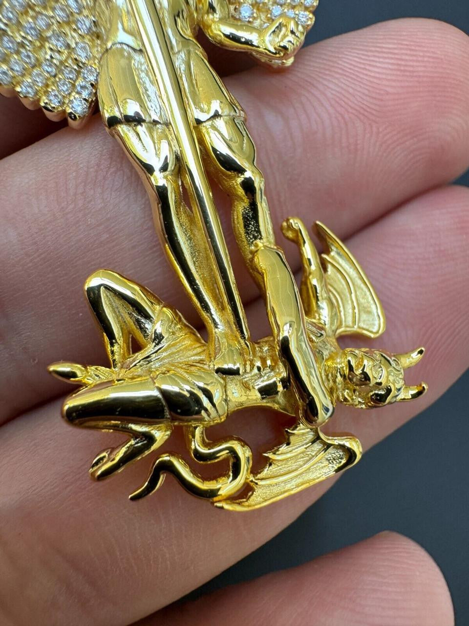 Hip Hop MOISSANITE Artwork Saint St Michael Slaying Dragon Archangel Pendant - 14k Gold Vermeil 925 Silver - 3 Sizes 1"-3"