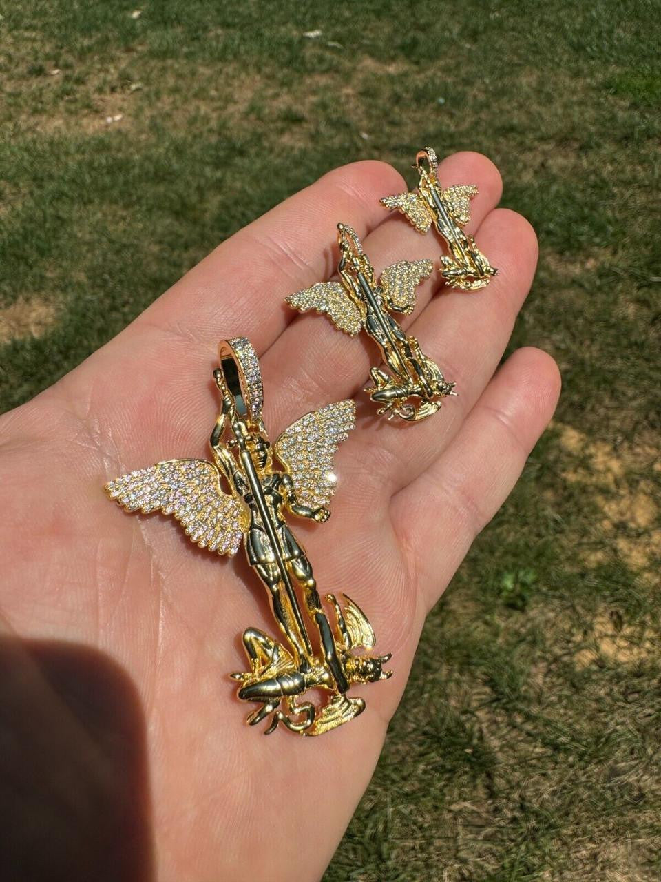 Hip Hop MOISSANITE Artwork Saint St Michael Slaying Dragon Archangel Pendant - 14k Gold Vermeil 925 Silver - 3 Sizes 1"-3"
