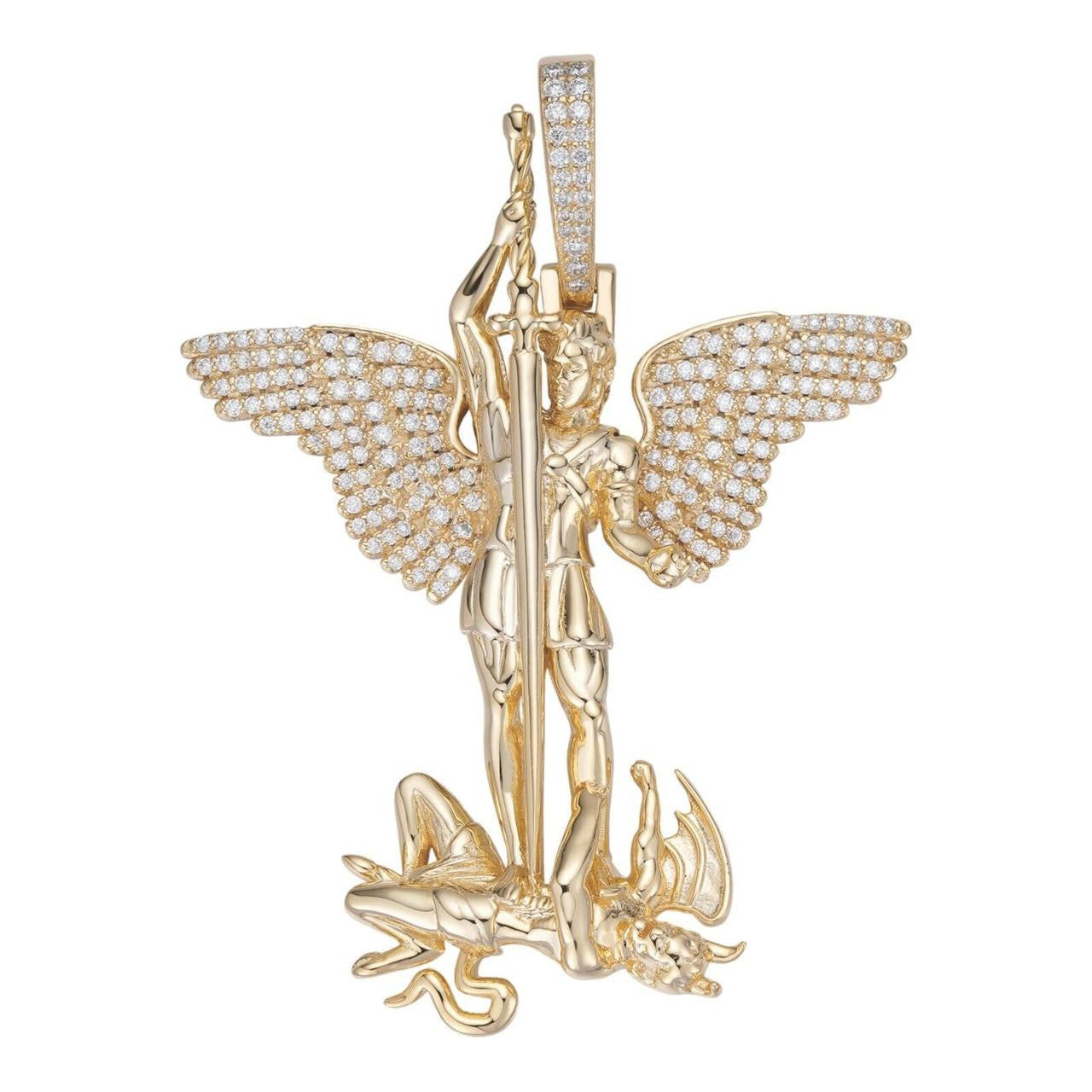 Hip Hop MOISSANITE Artwork Saint St Michael Slaying Dragon Archangel Pendant - 14k Gold Vermeil 925 Silver - 3 Sizes 1"-3"