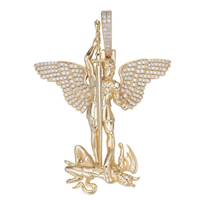 Hip Hop MOISSANITE Artwork Saint St Michael Slaying Dragon Archangel Pendant - 14k Gold Vermeil 925 Silver - 3 Sizes 1"-3"
