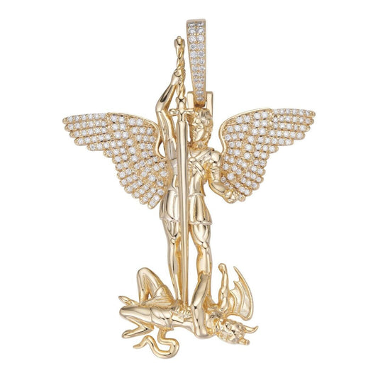 Hip Hop MOISSANITE Artwork Saint St Michael Slaying Dragon Archangel Pendant - 14k Gold Vermeil 925 Silver - 3 Sizes 1"-3"