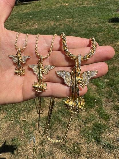 Hip Hop MOISSANITE Artwork Saint St Michael Slaying Dragon Archangel Pendant - 14k Gold Vermeil 925 Silver - 3 Sizes 1"-3"