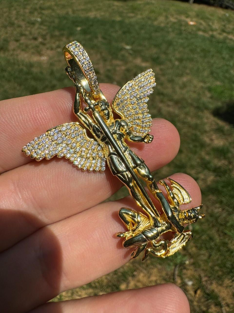 Hip Hop MOISSANITE Artwork Saint St Michael Slaying Dragon Archangel Pendant - 14k Gold Vermeil 925 Silver - 3 Sizes 1"-3"