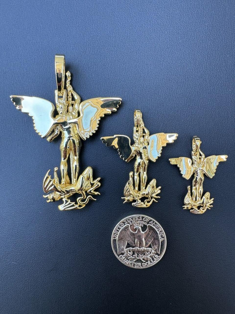 Hip Hop MOISSANITE Artwork Saint St Michael Slaying Dragon Archangel Pendant - 14k Gold Vermeil 925 Silver - 3 Sizes 1"-3"