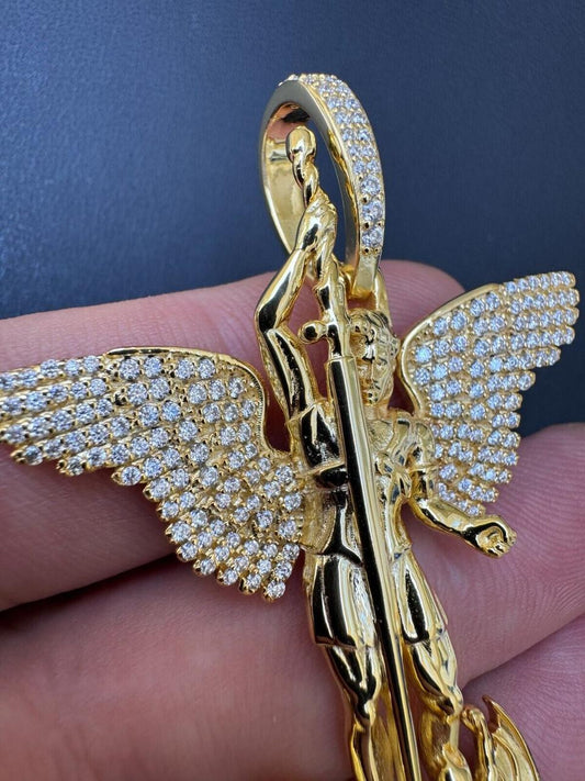 Hip Hop MOISSANITE Artwork Saint St Michael Slaying Dragon Archangel Pendant - 14k Gold Vermeil 925 Silver - 3 Sizes 1"-3"