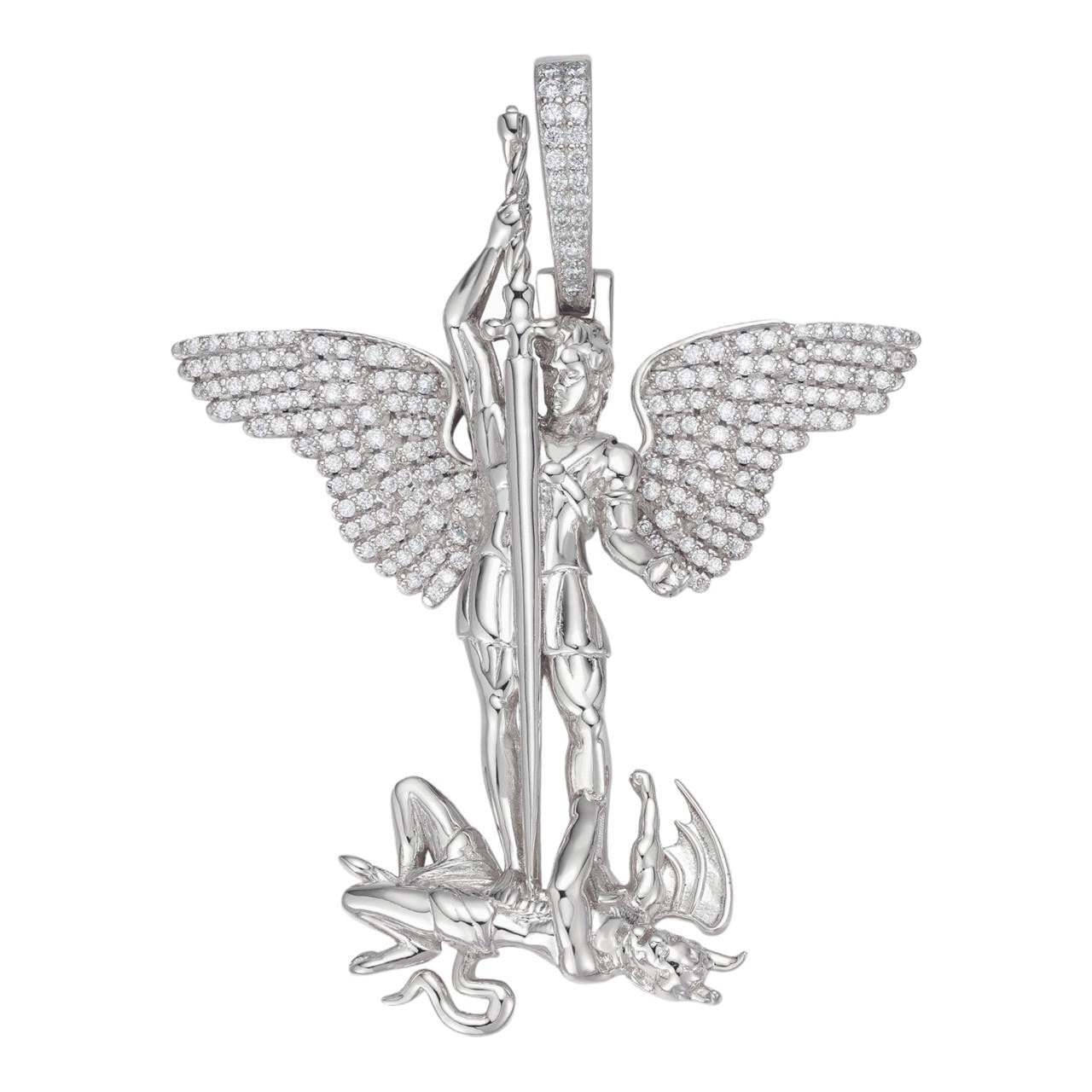 Hip Hop MOISSANITE Artwork Saint St Michael Slaying Dragon Archangel Pendant - 925 Silver - 3 Sizes 1"-3"