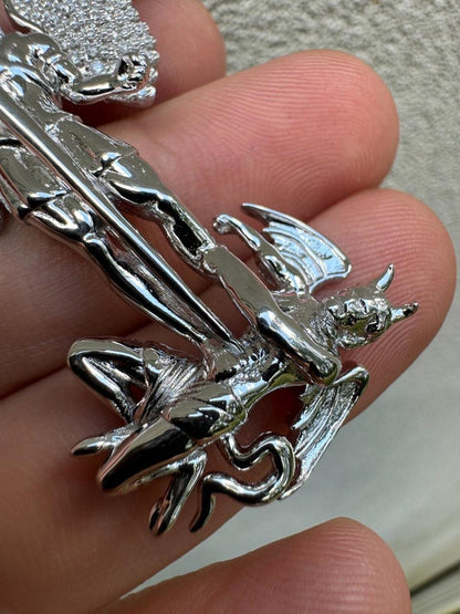 Hip Hop MOISSANITE Artwork Saint St Michael Slaying Dragon Archangel Pendant - 925 Silver - 3 Sizes 1"-3"