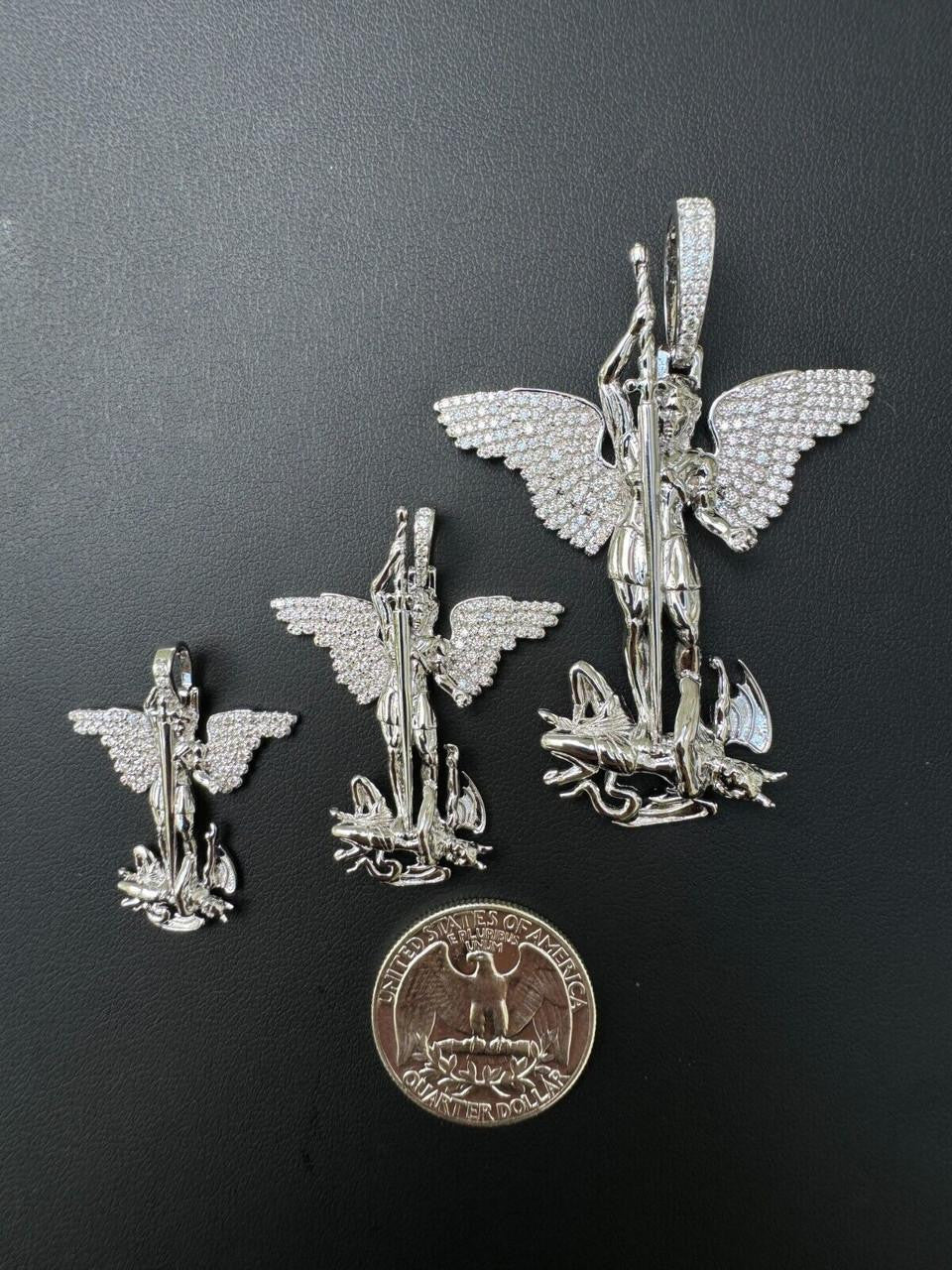 Hip Hop MOISSANITE Artwork Saint St Michael Slaying Dragon Archangel Pendant - 925 Silver - 3 Sizes 1"-3"