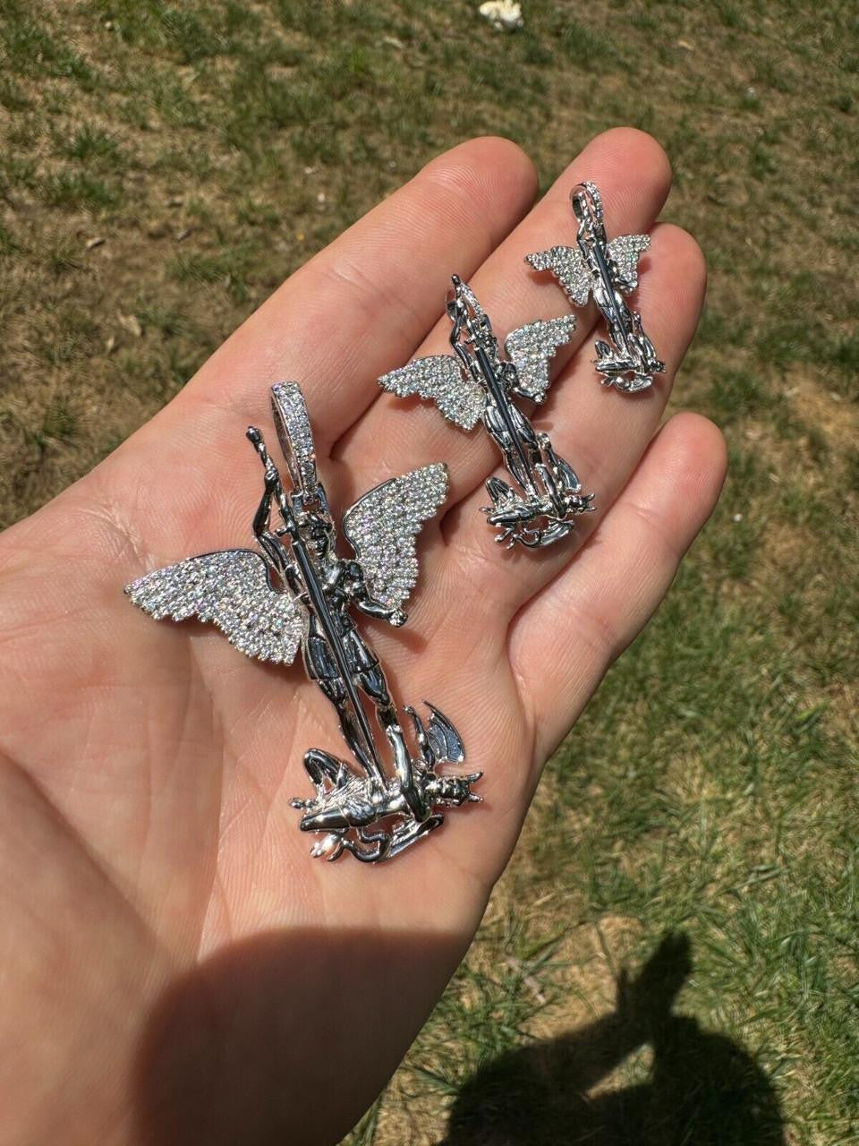 Hip Hop MOISSANITE Artwork Saint St Michael Slaying Dragon Archangel Pendant - 925 Silver - 3 Sizes 1"-3"