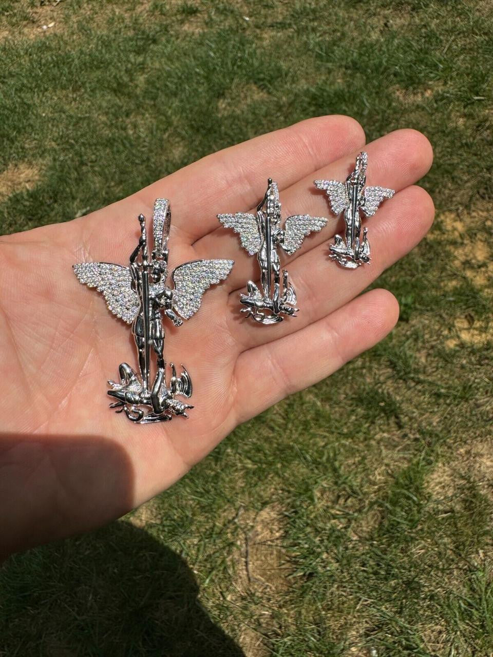 Hip Hop MOISSANITE Artwork Saint St Michael Slaying Dragon Archangel Pendant - 925 Silver - 3 Sizes 1"-3"